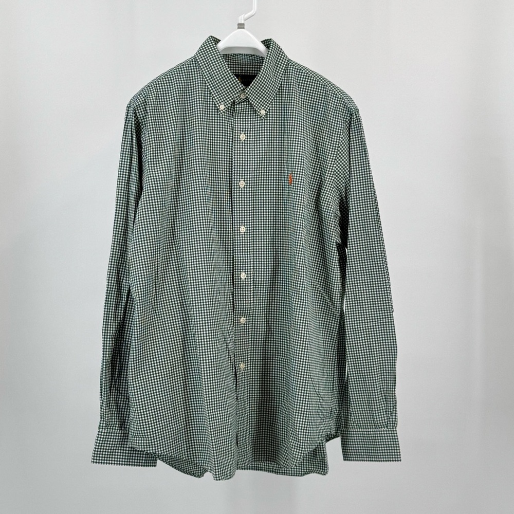 Ralph Lauren Men’s Forest Green & White Gingham Cotton Button Down Shirt Size L